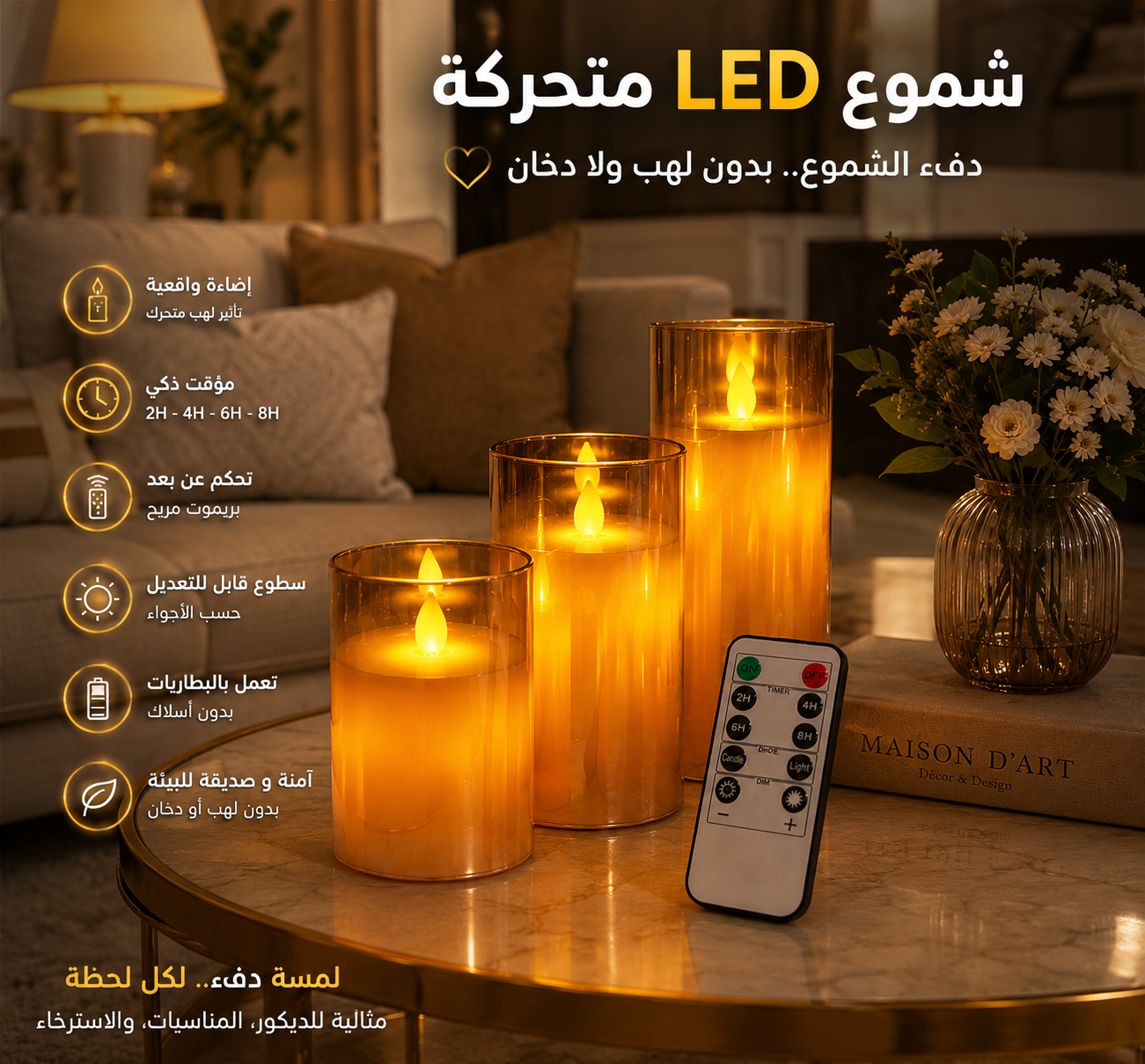شموع LED بلهب متحرك واقعي | ديكور أنيق ورومانسي
